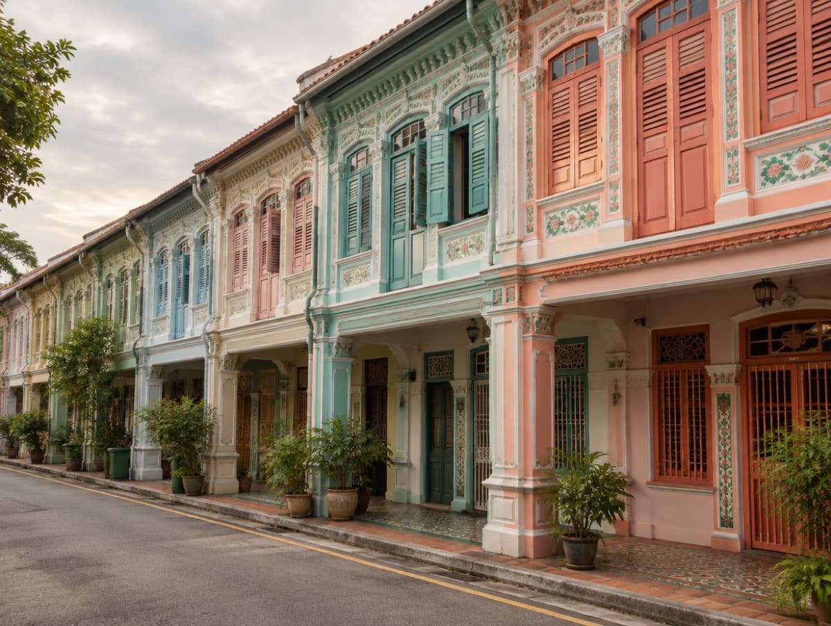 Row of pastel Peranakan shophouses with coral and teal shutters