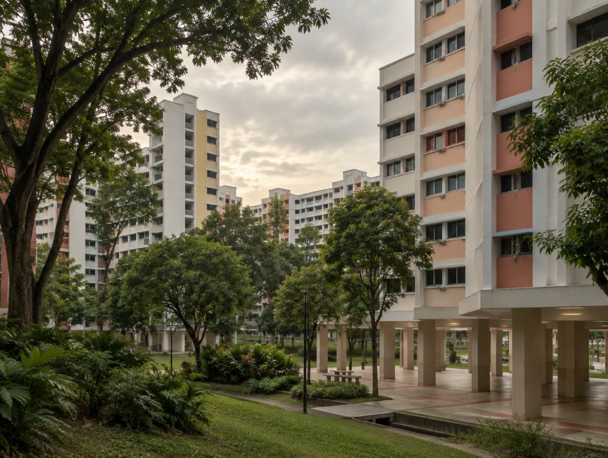 HDB blocks with an open void deck and mature greenery